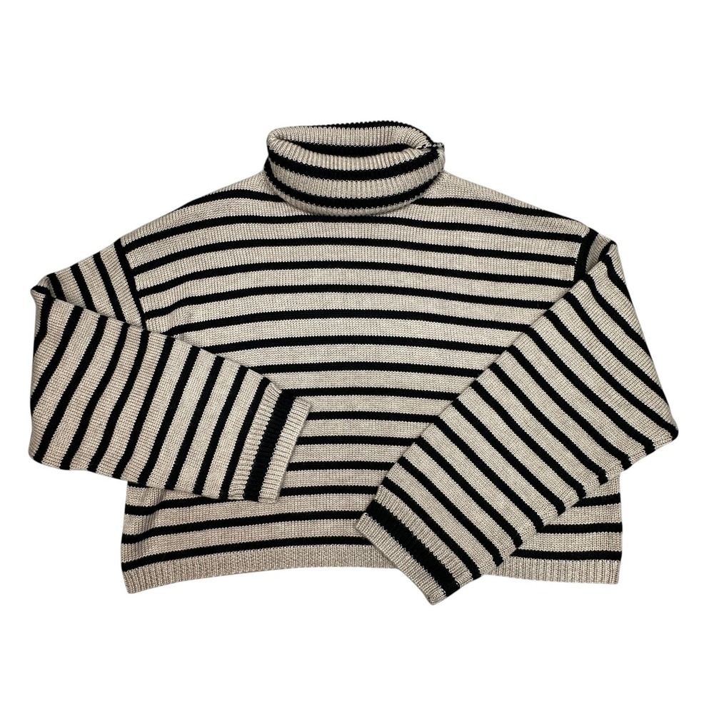 MIOU MUSE Sweater Womens Small Beige Black Stripe Turtleneck Cropped Knit Top